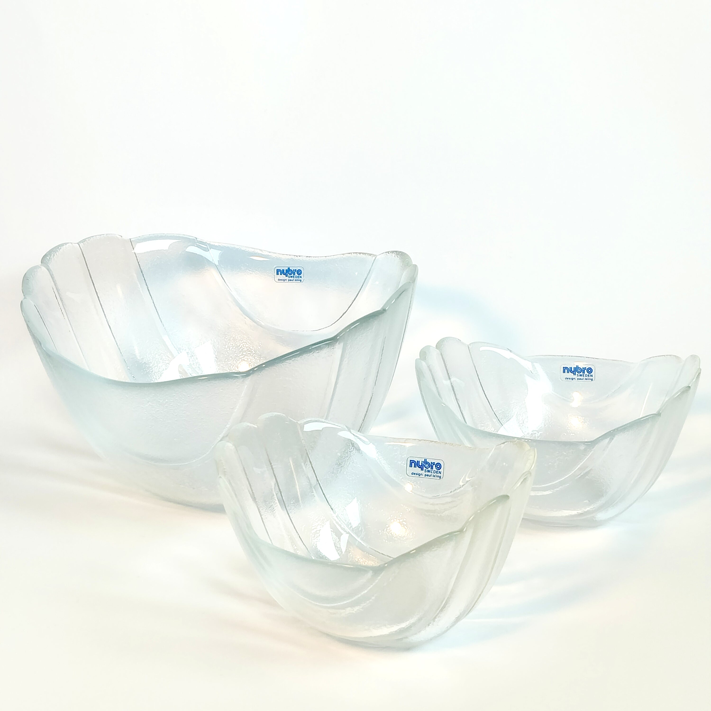 Skålar i klarglas – Nybro Glasbruk (2 små, 1 stor), second hand